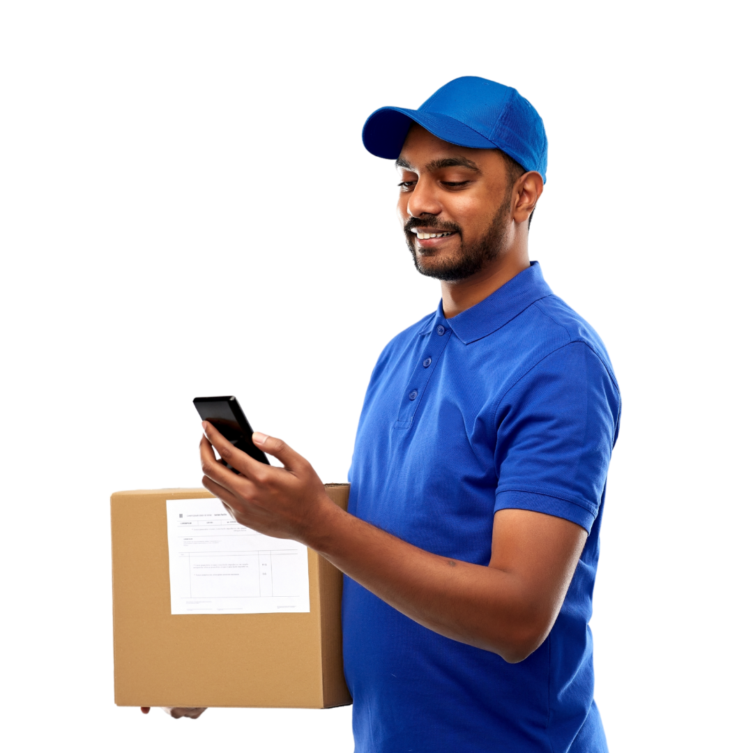 Profissional de entregas da Iago Transportes com uniforme azul